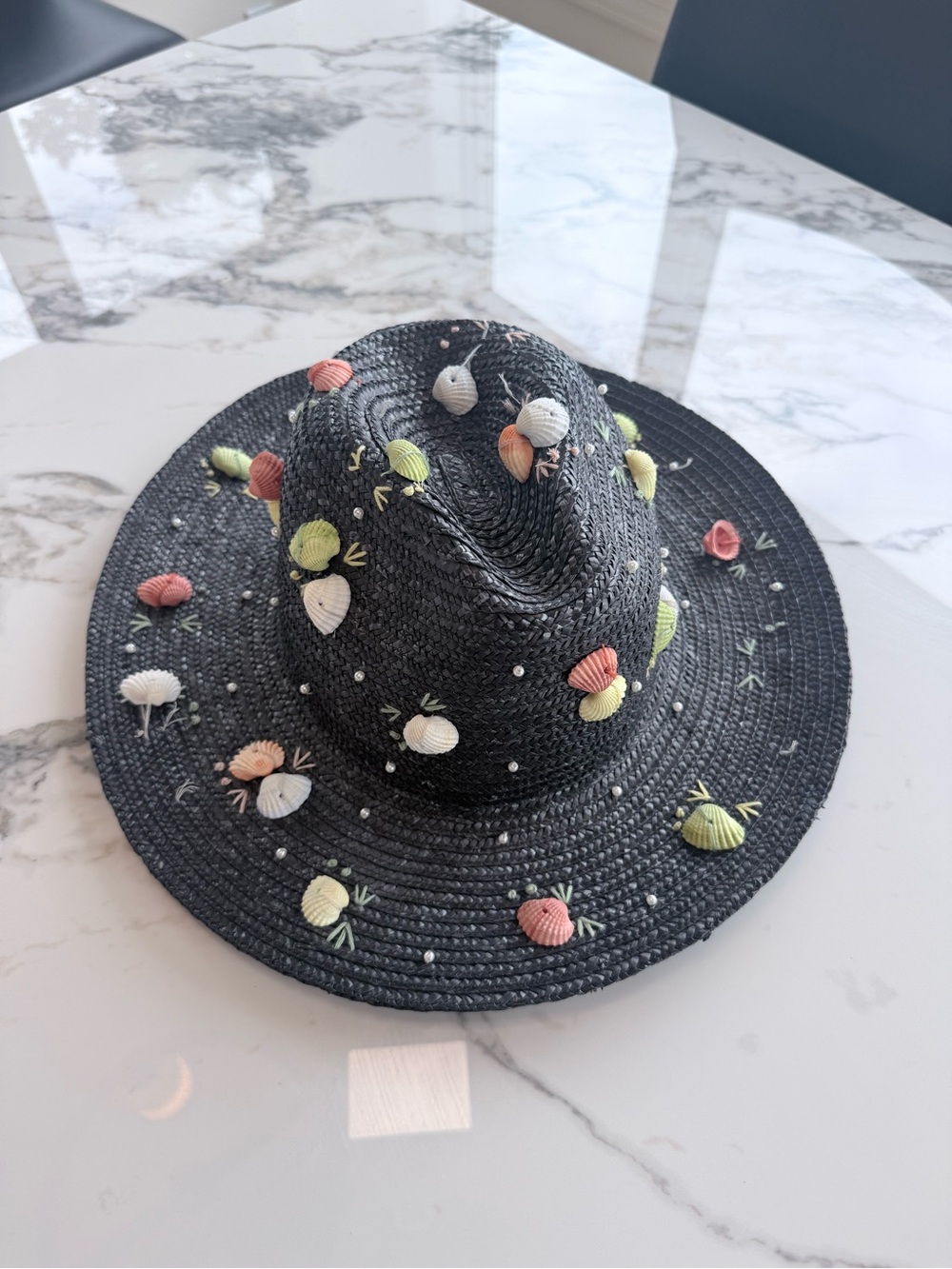 Lele Sadoughi Black Straw Hat with Pastel Shell Appliqués